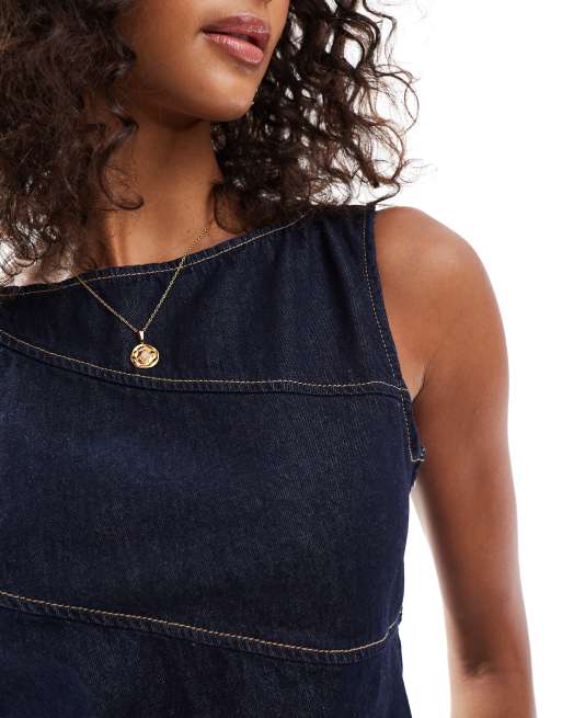 ASOS DESIGN asymmetric denim top with exposed seams in indigo, 3 of 4