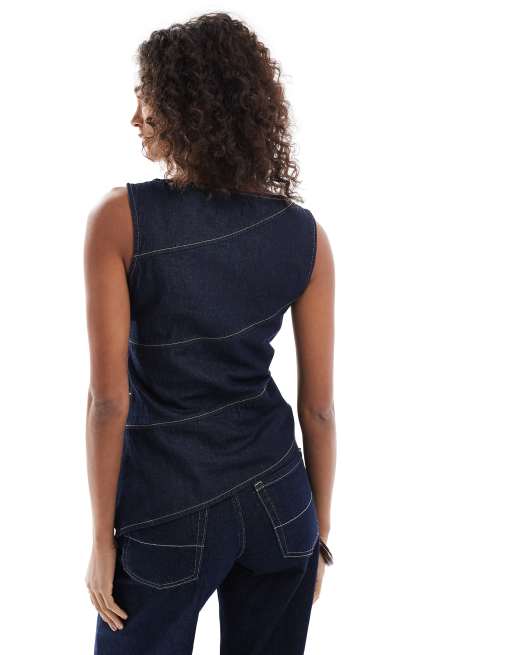 ASOS DESIGN asymmetric denim top with exposed seams in indigo, 4 of 4