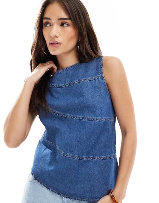 ASOS DESIGN asymmetric denim top with exposed seams in mid blue, 4 of 4
