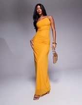 ASOS DESIGN plunge with ruching and open back with gold butterfly trim mesh maxi dress in khaki