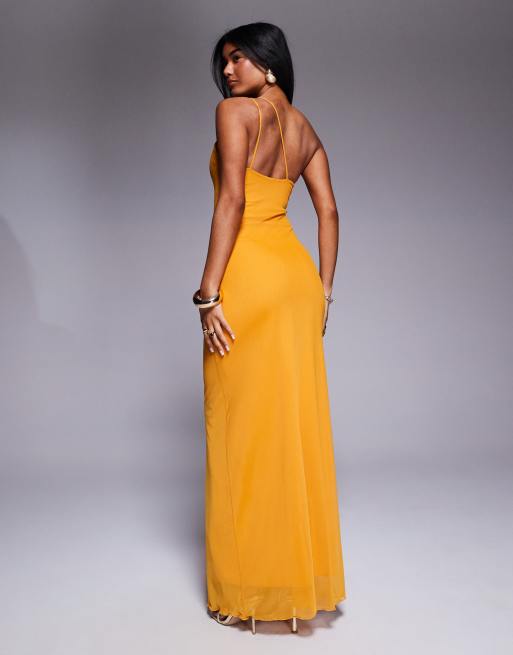 ASOS DESIGN asymmetric double strap with gold trim detail with ruching mesh maxi dress in orange