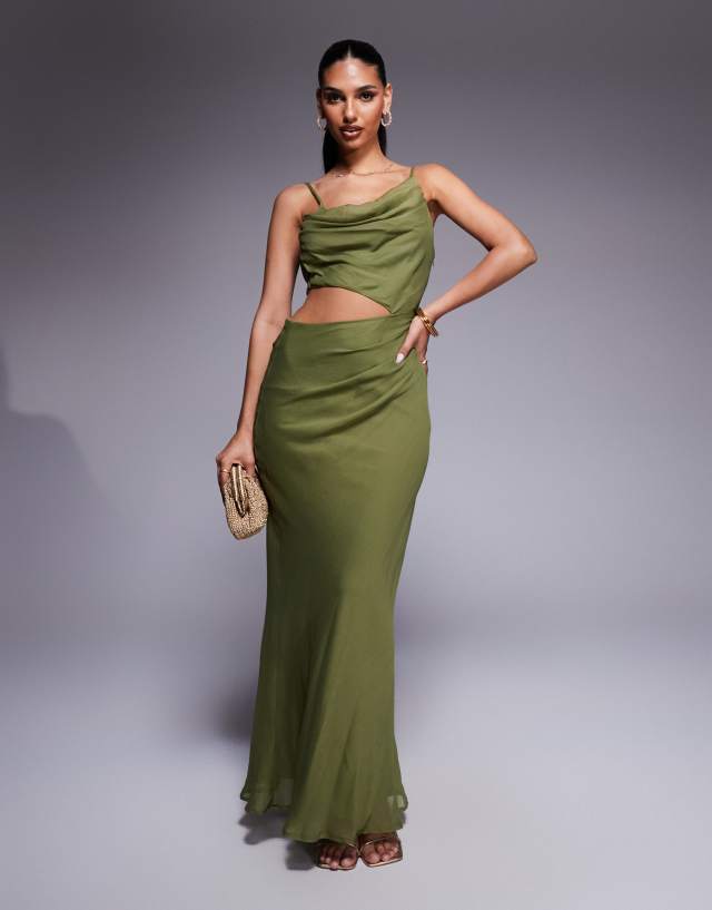 green cut out side dress ASOS DESIGN asymmetric drape maxi in khaki Dark