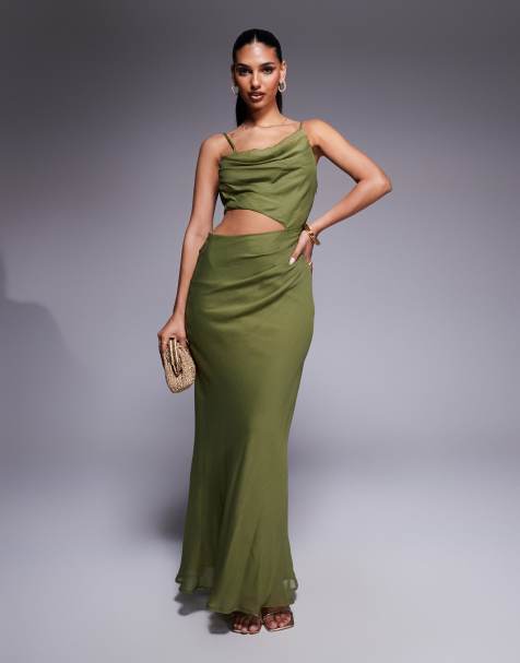 ASOS DESIGN asymmetric drape cut out maxi dress in khaki - view 1