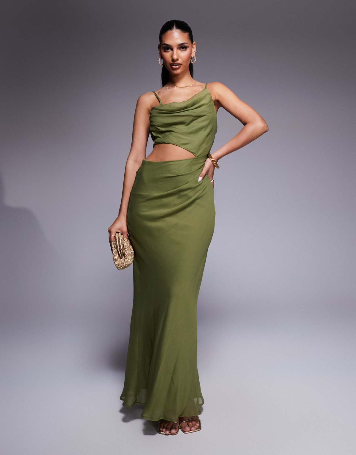 ASOS DESIGN asymmetric drape cut out maxi dress in khaki
