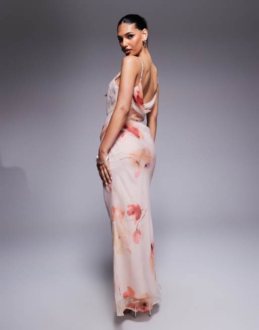 ASOS DESIGN asymmetric drape cut out maxi dress in soft floral pink