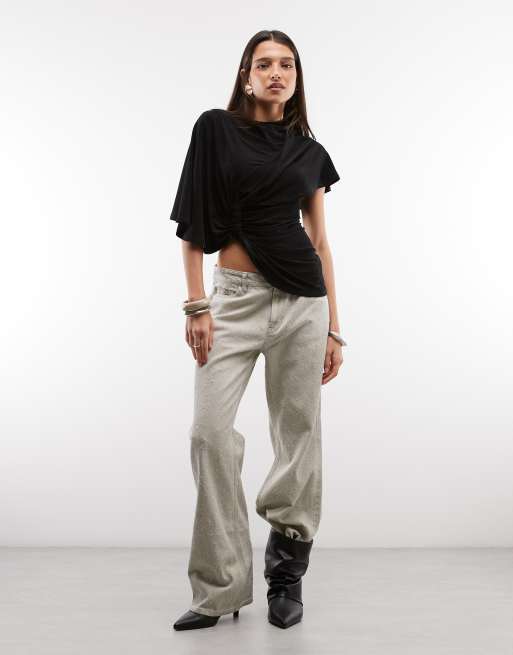 ASOS DESIGN asymmetric drape detail knot detail slinky top in black, 2 of 4