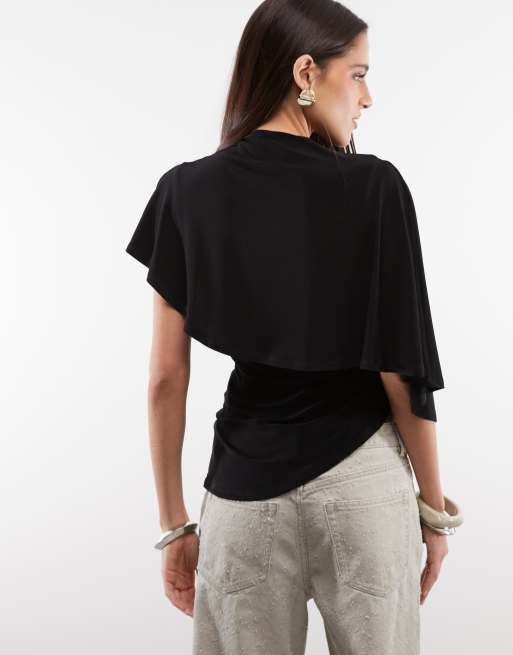 ASOS DESIGN asymmetric drape detail knot detail slinky top in black, 4 of 4