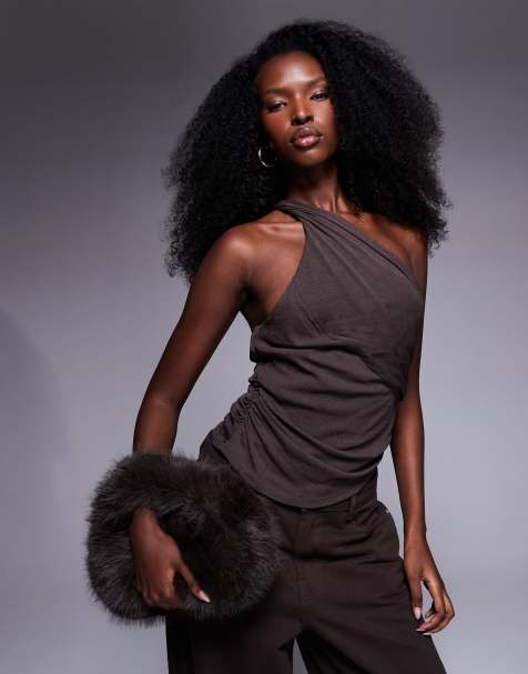 ASOS DESIGN asymmetric drape halter neck top in chocolate - view 1