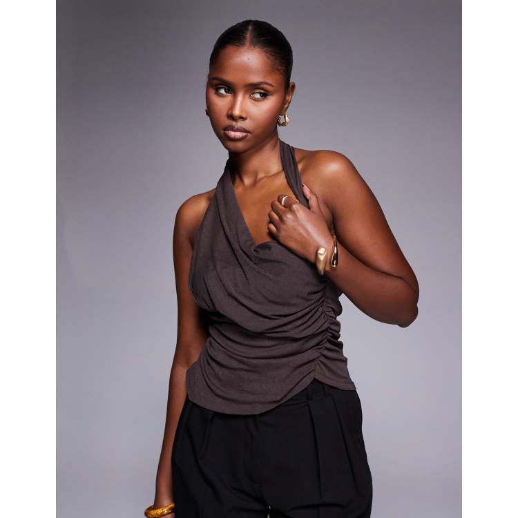 ASOS DESIGN asymmetric drape halter neck top in chocolate | ASOS