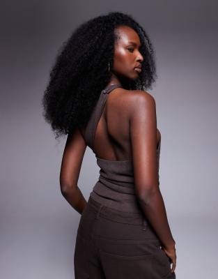 Asos Design Asymmetric Drape Halter Neck Top In Brown