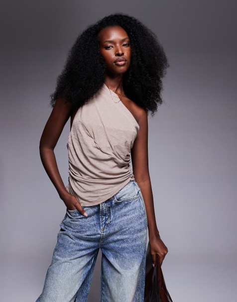 ASOS DESIGN asymmetric drape halter neck top in taupe - view 1