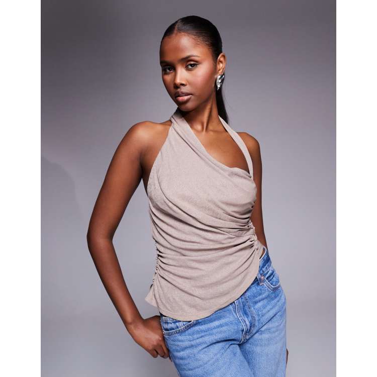 ASOS DESIGN asymmetric drape halter neck top in taupe | ASOS