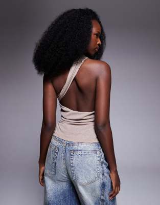 Asos Design Asymmetric Drape Halter Neck Top In Neutral