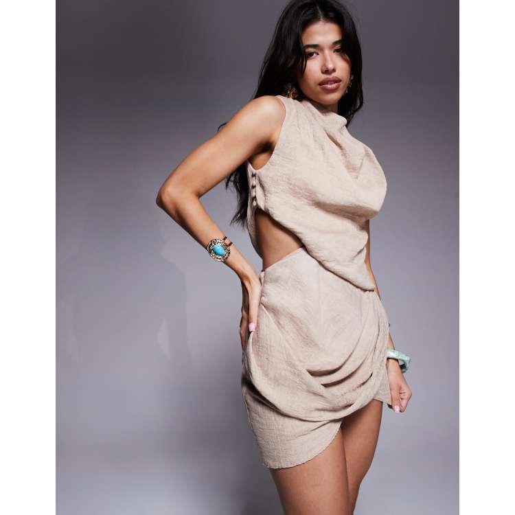 ASOS DESIGN asymmetric drape mini dress in mocha | ASOS