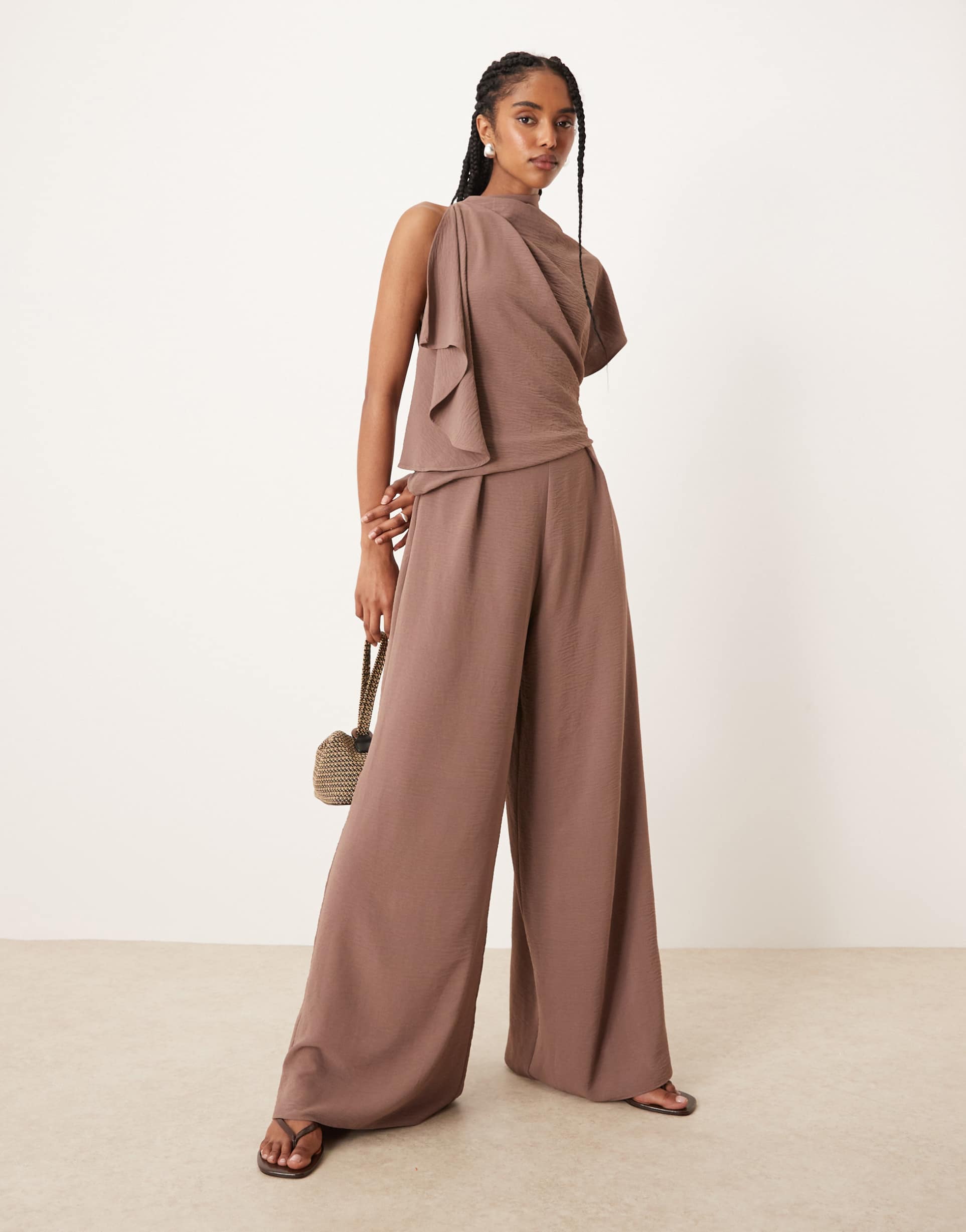 asos design asymmetric drape neck jumpsuit in deep taupe