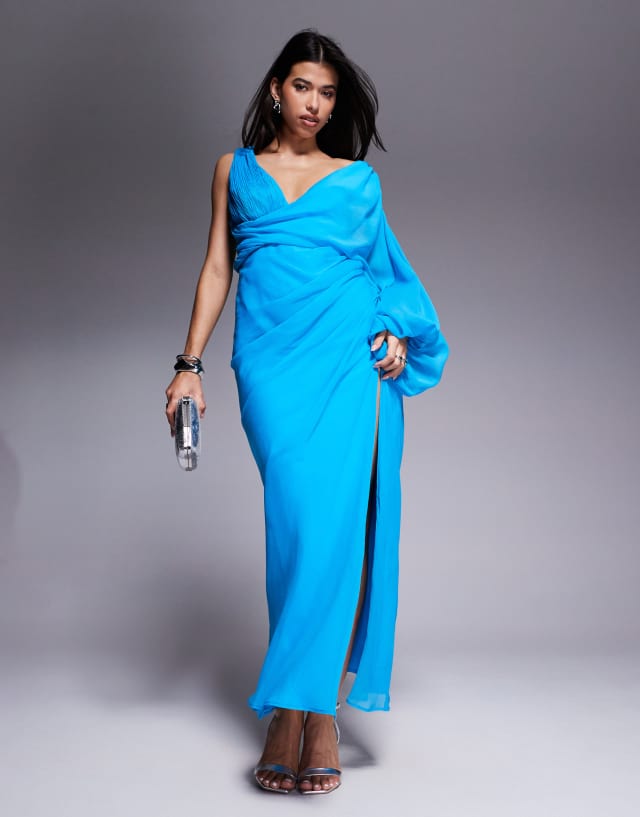 asos asymmetric drape dress DESIGN overlay maxi with blouson sleeve in blue Designed with a scoop Mavi Tie Back Appliqued Sheath color:Candy Pink