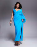 [ASOS DESIGN] ASOS DESIGN asymmetric drape overlay maxi dress with blouson sleeves in blue 12 BLUE