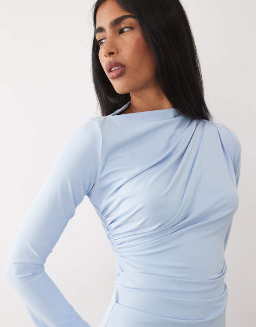 ASOS DESIGN asymmetric drape slash neck maxi dress in blue, 3 of 4