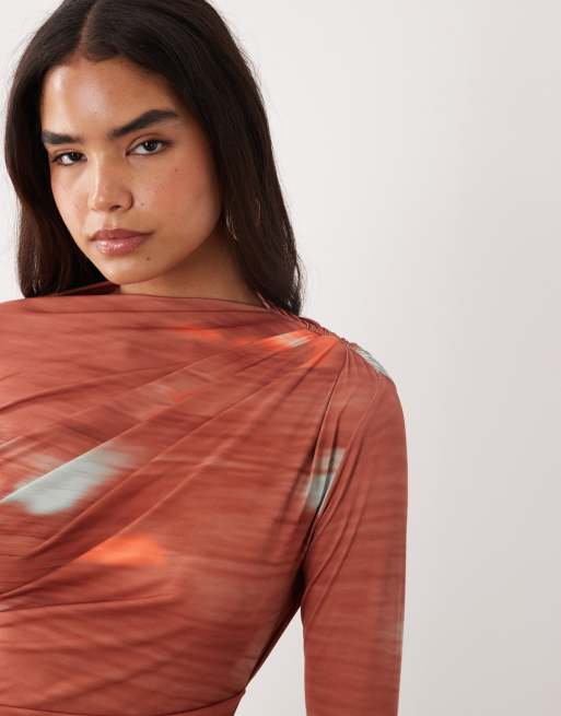 ASOS DESIGN asymmetric drape slash neck maxi dress in blurred print, 3 of 4