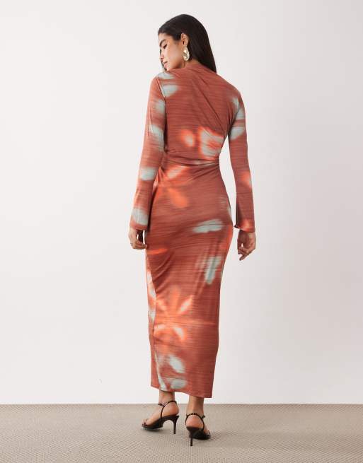 ASOS DESIGN asymmetric drape slash neck maxi dress in blurred print, 4 of 4