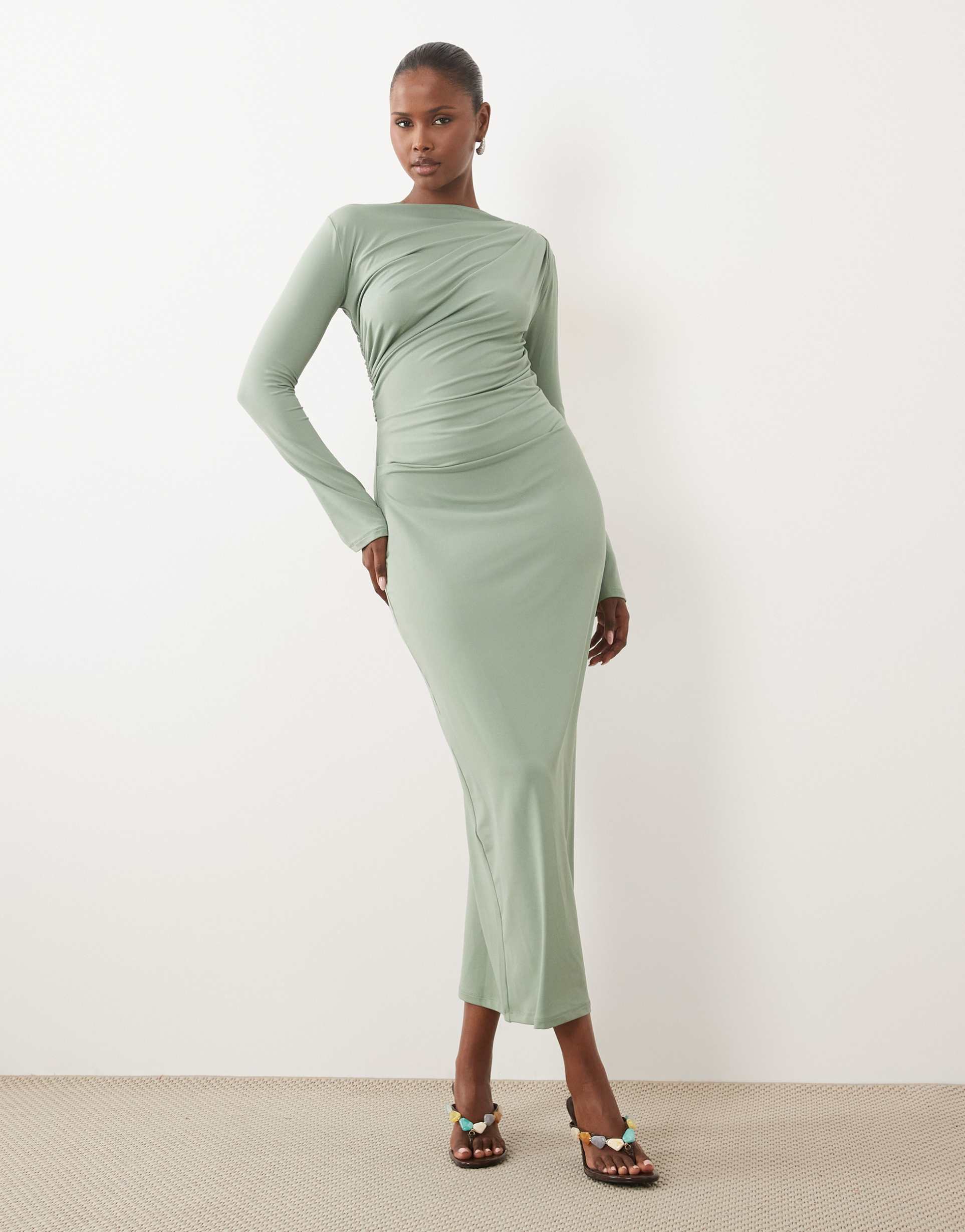 asos design asymmetric drape slash neck maxi dress in sage green