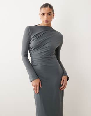 Asos Design Asymmetric Drape Slash Neck Maxi Dress In Gray