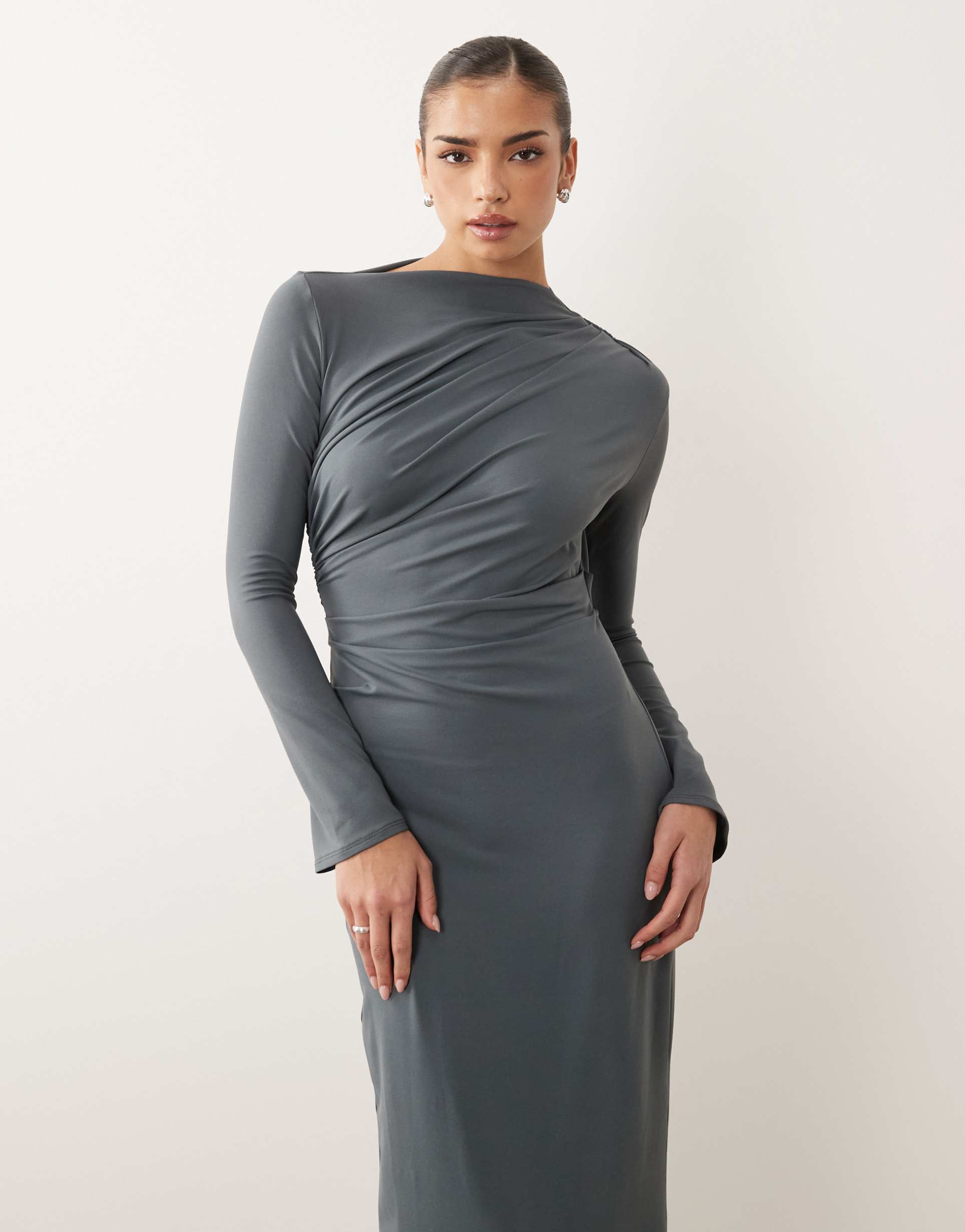 asos design asymmetric drape slash neck maxi dress in slate gray
