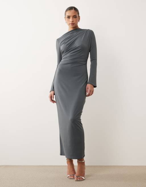 ASOS DESIGN asymmetric drape slash neck maxi dress in slate grey, 2 of 4
