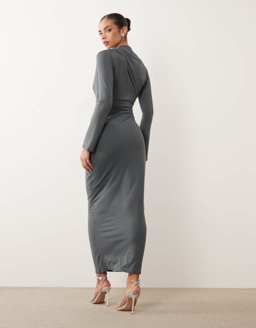 ASOS DESIGN asymmetric drape slash neck maxi dress in slate grey, 4 of 4