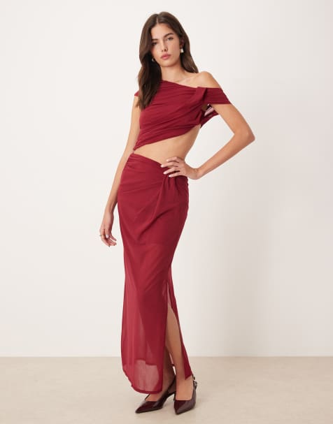 ASOS DESIGN asymmetric drape top and maxi skirt set in red - view 1