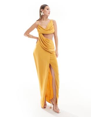 asos design asymmetric draped maxi dress with cut out side in gold