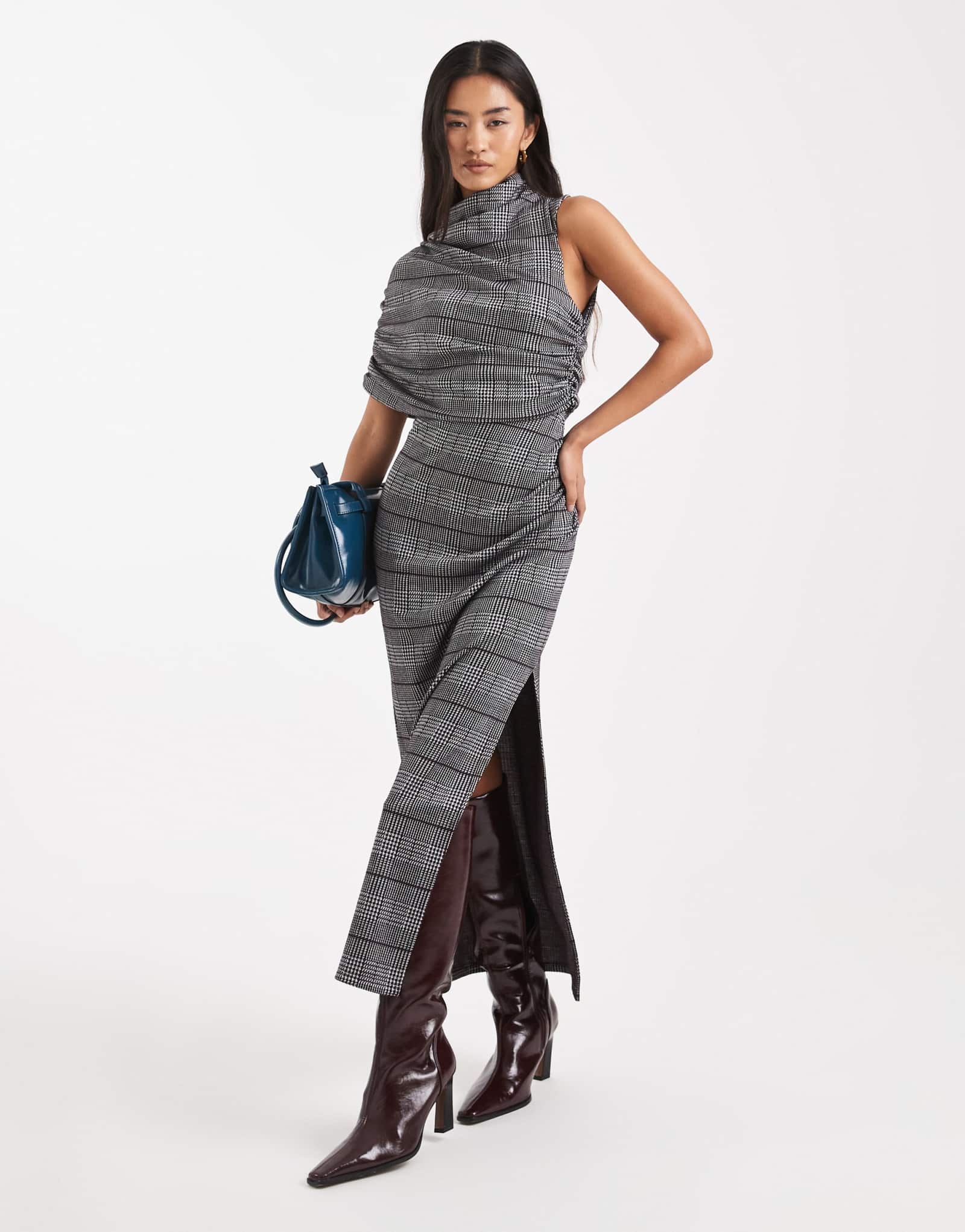 Дизайнерское асимметричное платье миди с драпировкой ASOS DESIGN из клетчатого жаккарда