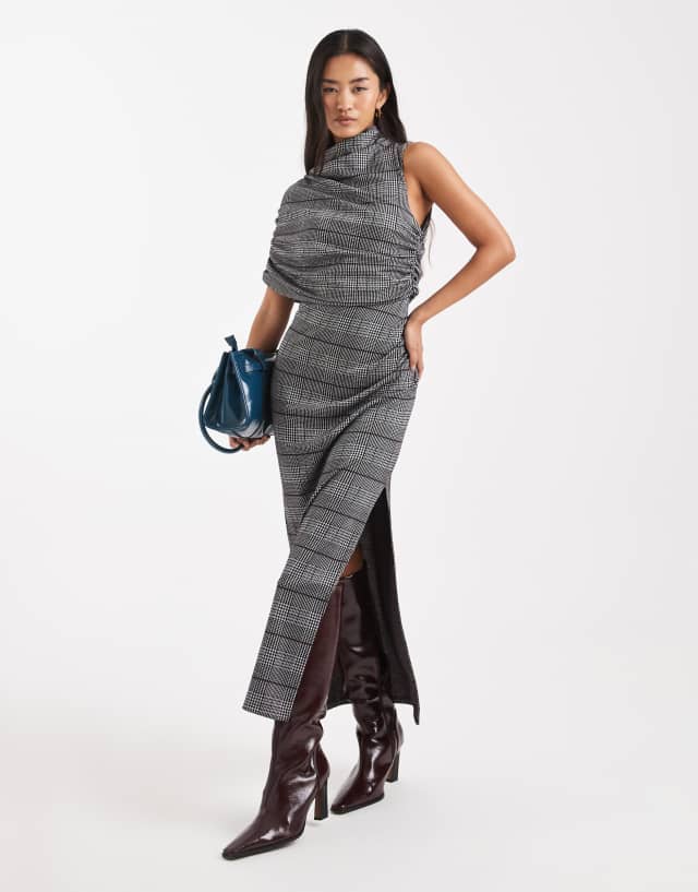 asos asymmetric drape dress DESIGN draped midi in plaid jacquard embellished sequins draped waist Color:Ivory/Silver/Gold Jessica Chastain attends the