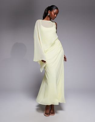Asos Design Asymmetric Draped One Batwing Sleeve Maxi Dress In Multi