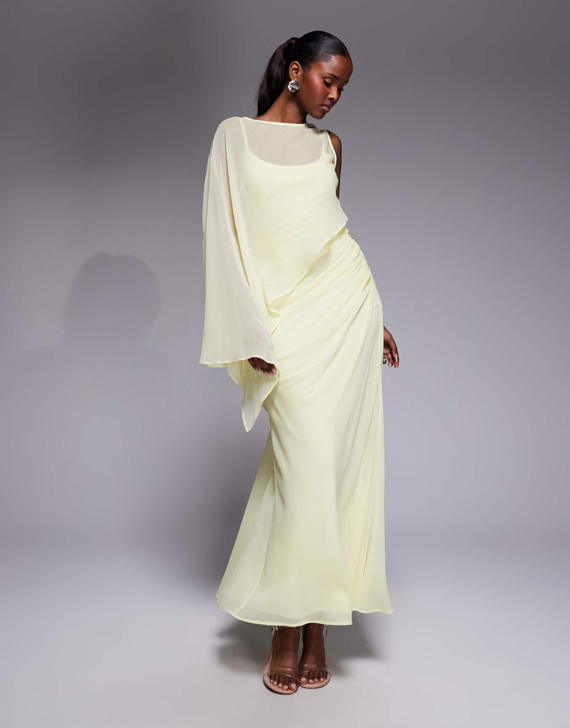 asos design asymmetric draped one batwing sleeve maxi dress in buttermilk