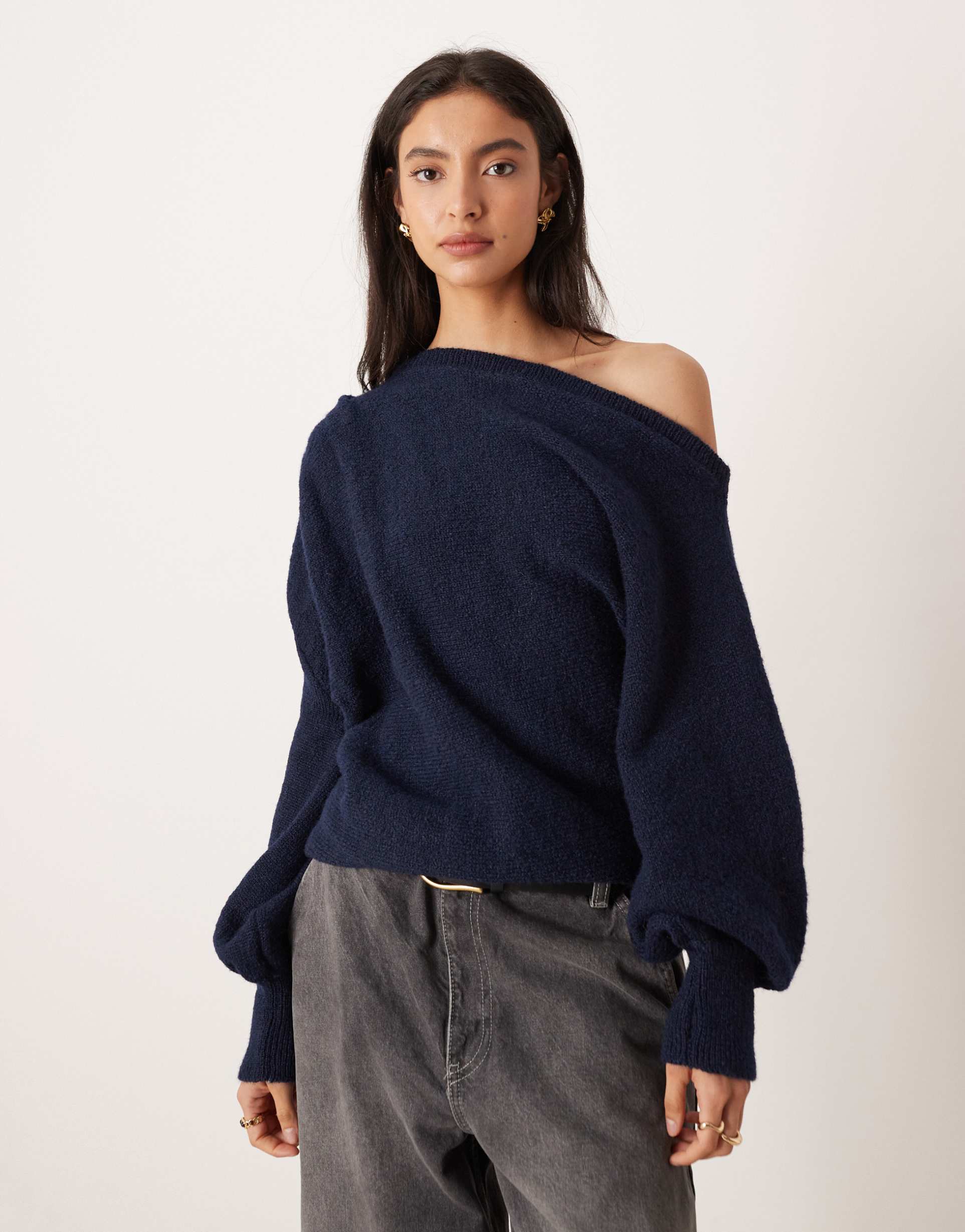 asos design asymmetric draped sweater in navy