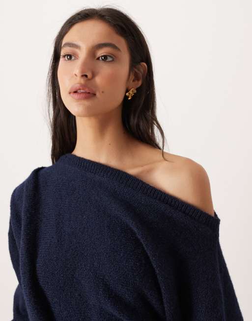 ASOS DESIGN asymmetric draped sweater in navy, 3 of 4