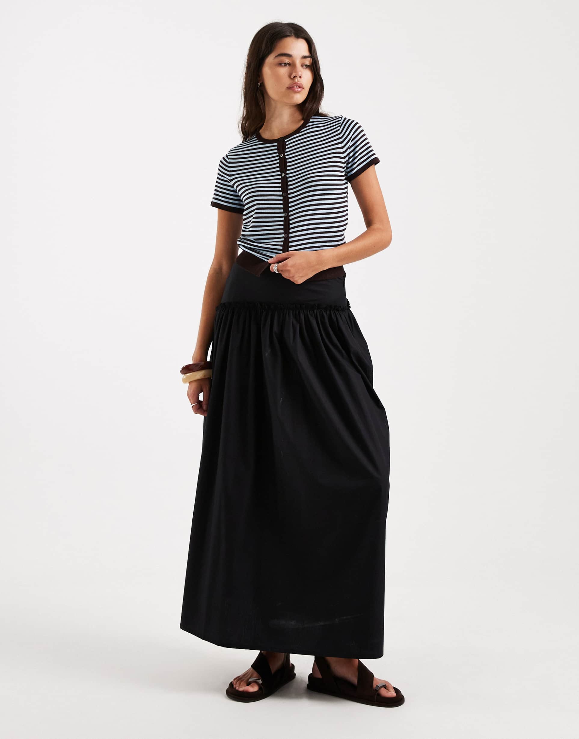 asos design asymmetric dropped waist maxi skirt in black
