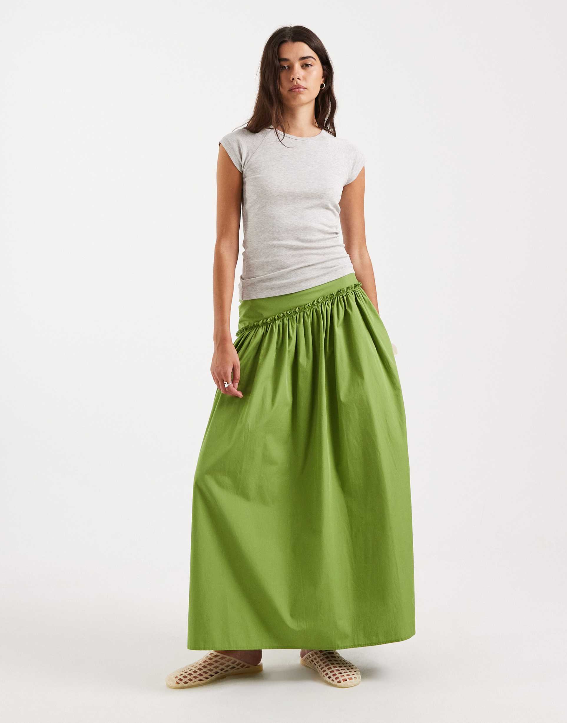 asos design asymmetric dropped waist maxi skirt in green