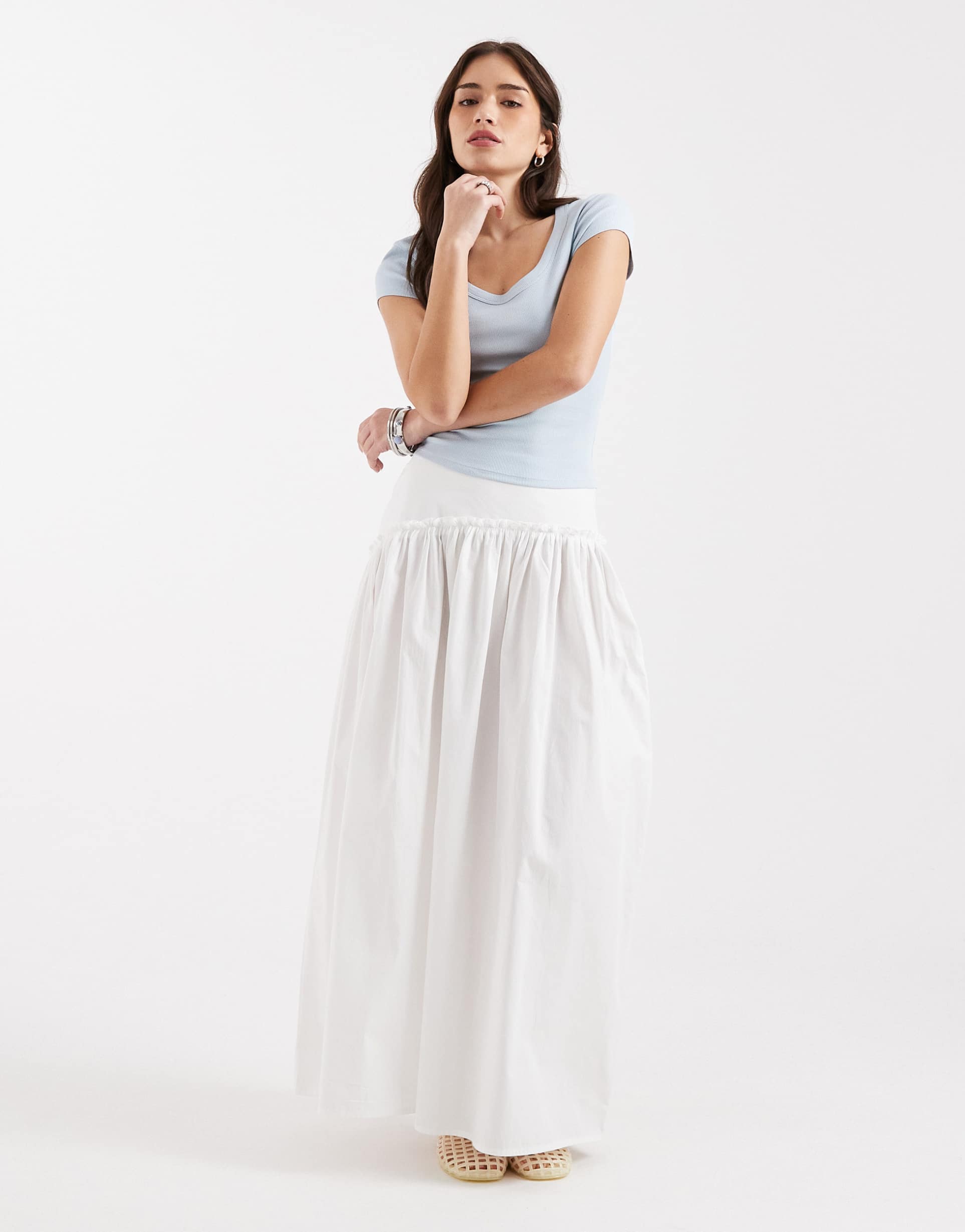 asos design asymmetric dropped waist maxi skirt in white