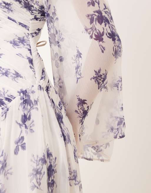ASOS DESIGN asymmetric dropped waist maxi with open back in purple floral print