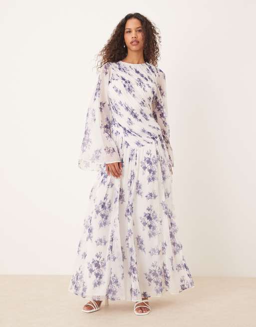 ASOS DESIGN asymmetric dropped waist maxi with open back in purple floral print