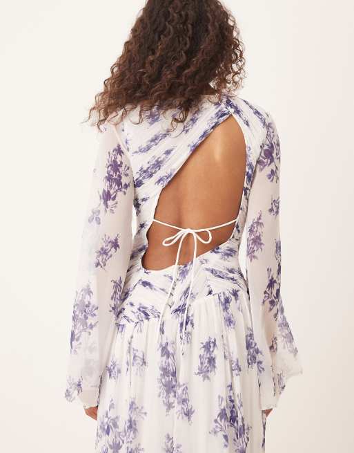 ASOS DESIGN asymmetric dropped waist maxi with open back in purple floral print