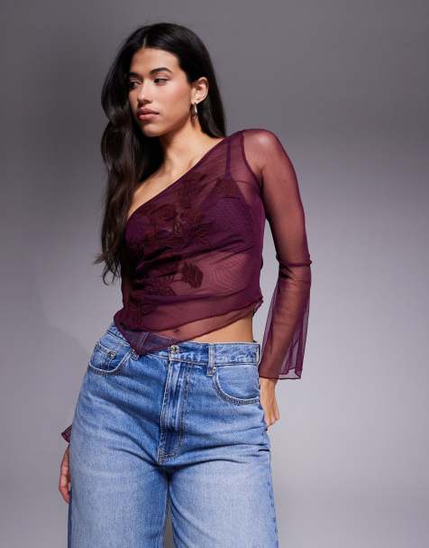ASOS DESIGN asymmetric embroidered mesh one shoulder top in burgundy - view 1