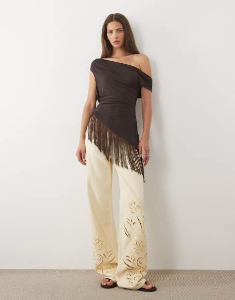 ASOS DESIGN asymmetric fallen shoulder top with fringe trim in chocolate - view 1