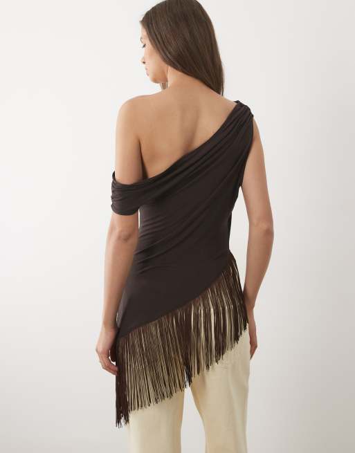 ASOS DESIGN asymmetric fallen shoulder top with fringing top in chocolate, 3 of 4