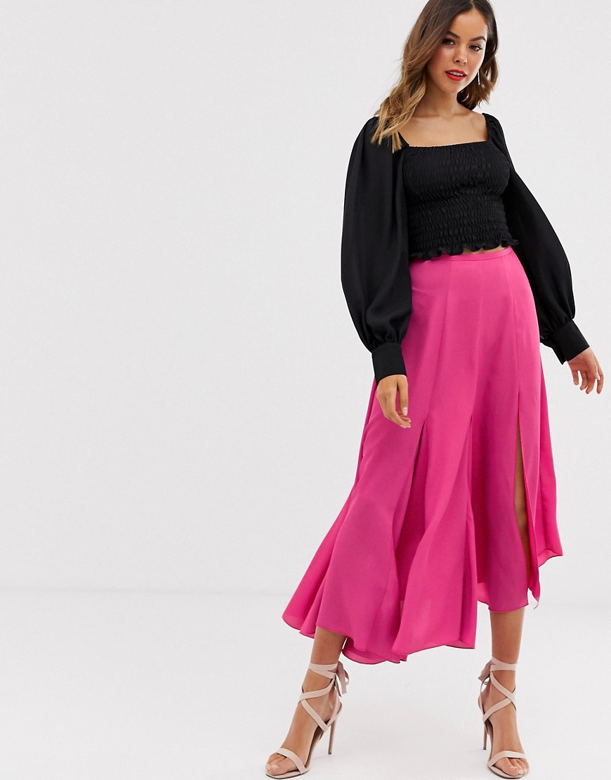 ASOS DESIGN asymmetric floaty midi skirt with godet inserts-Pink