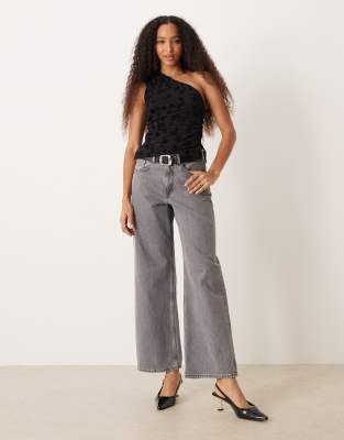 Asos Design Asymmetric Flocked Floral Mesh Top In Black