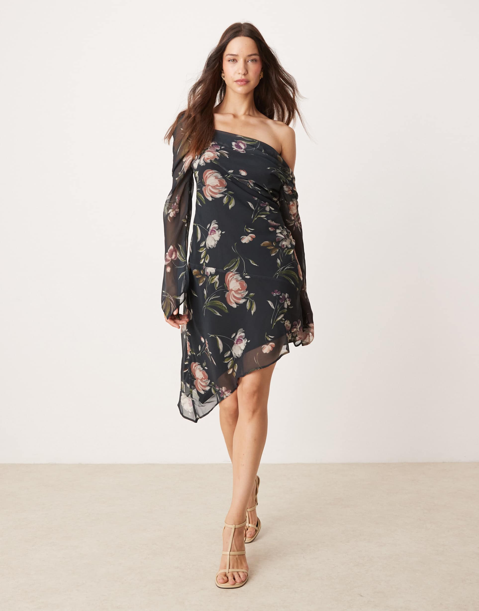 asos design asymmetric floral print long sleeve dress