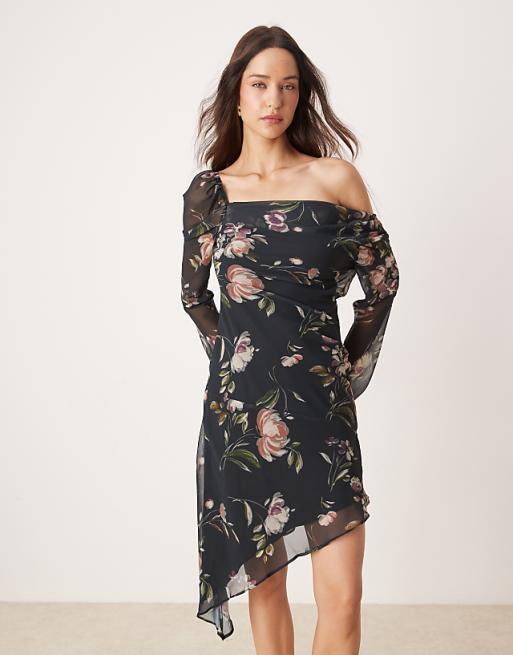 Asymmetry Print Long Sleeve Floral Dresses Asymmetry Print Long Sleeve Floral Dresses